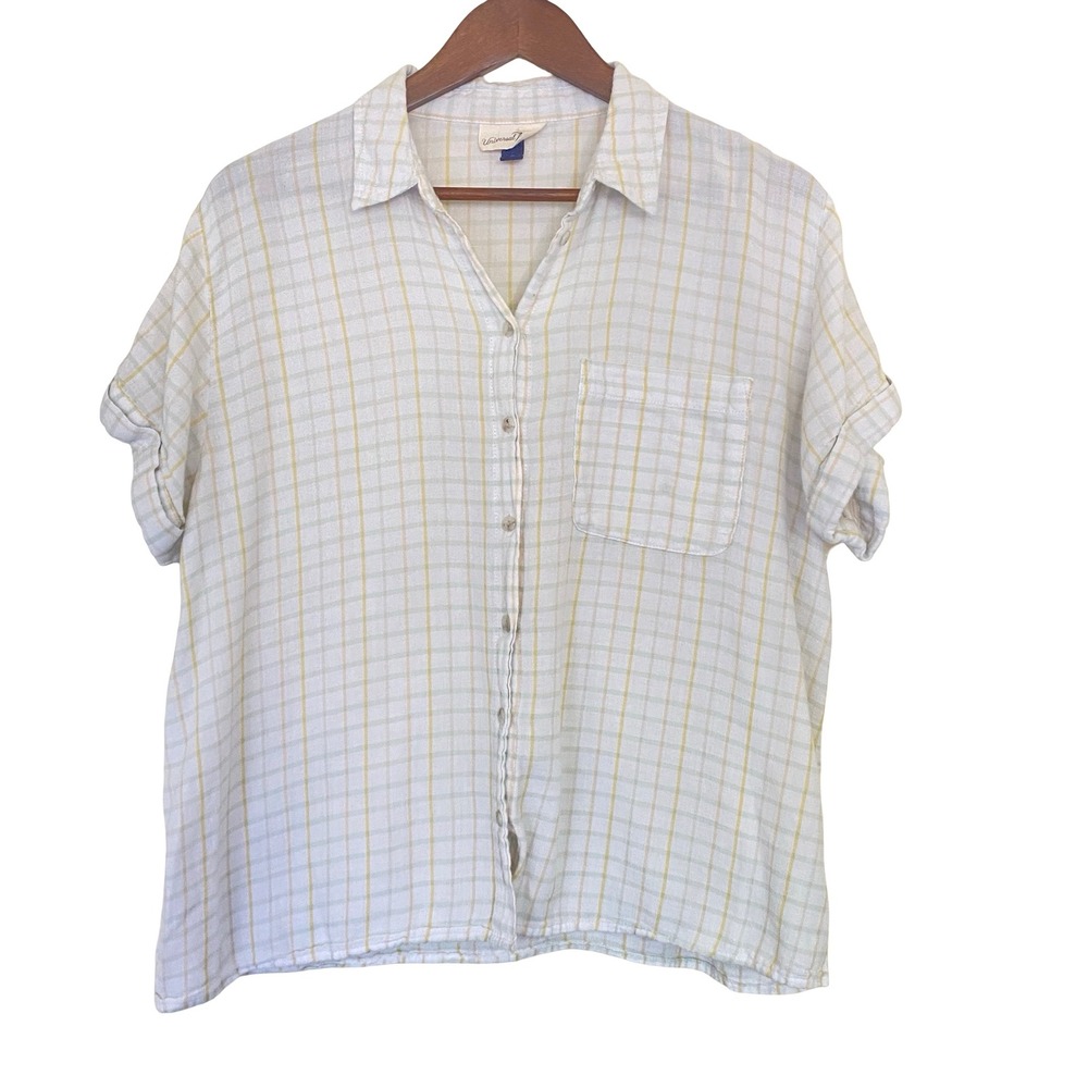 Universal Thread Womens Short Sleeve Button Down Size M White Yellow Plaid Top